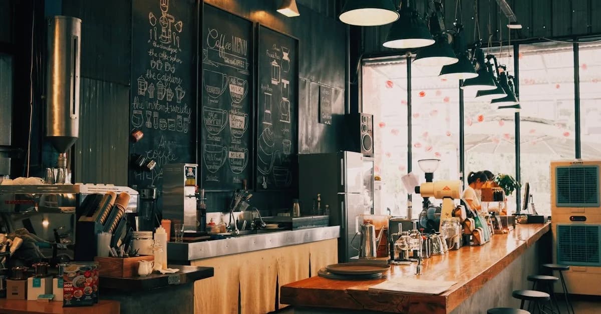 A warm, rustic coffee shop with a wooden counter and chalkboard menu, offering a cozy atmosphere.